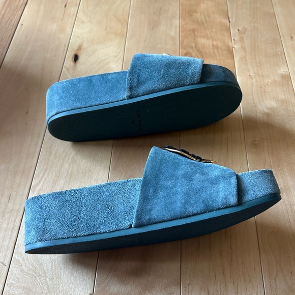 Tory Burch Teal Suede Sandals with Gold Emblem - Picture 3 of 5